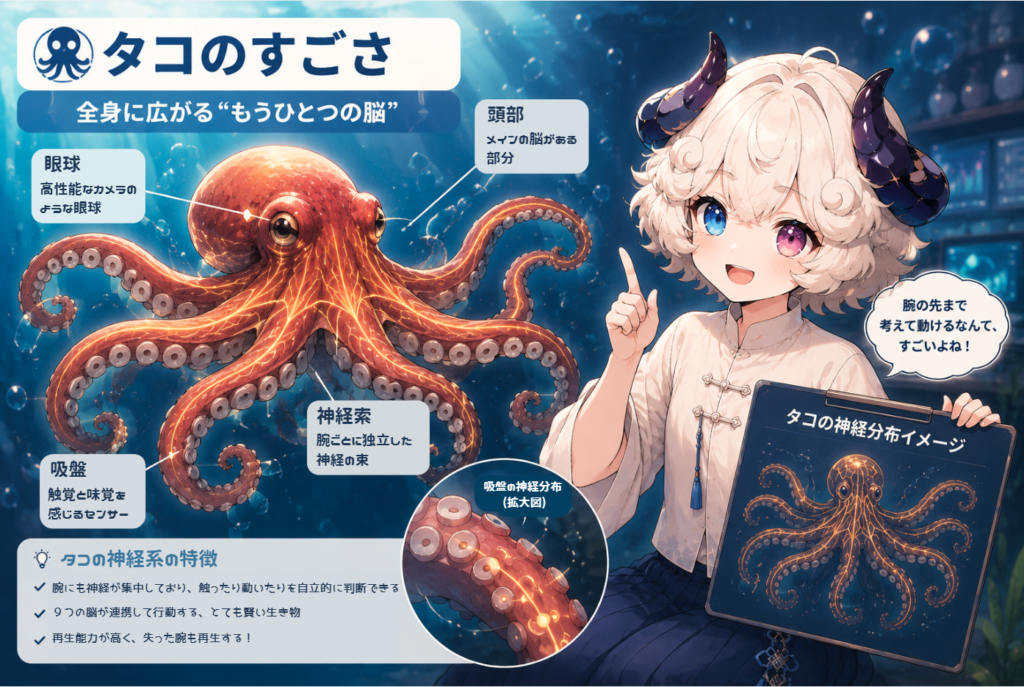 タコの足のイメージ、または神経が分布している様子の図解