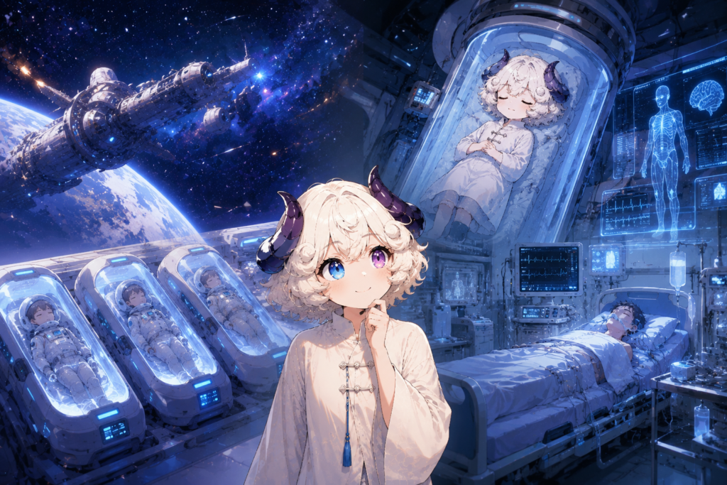 人工冬眠の研究が応用される宇宙飛行と医療現場のイメージ図
