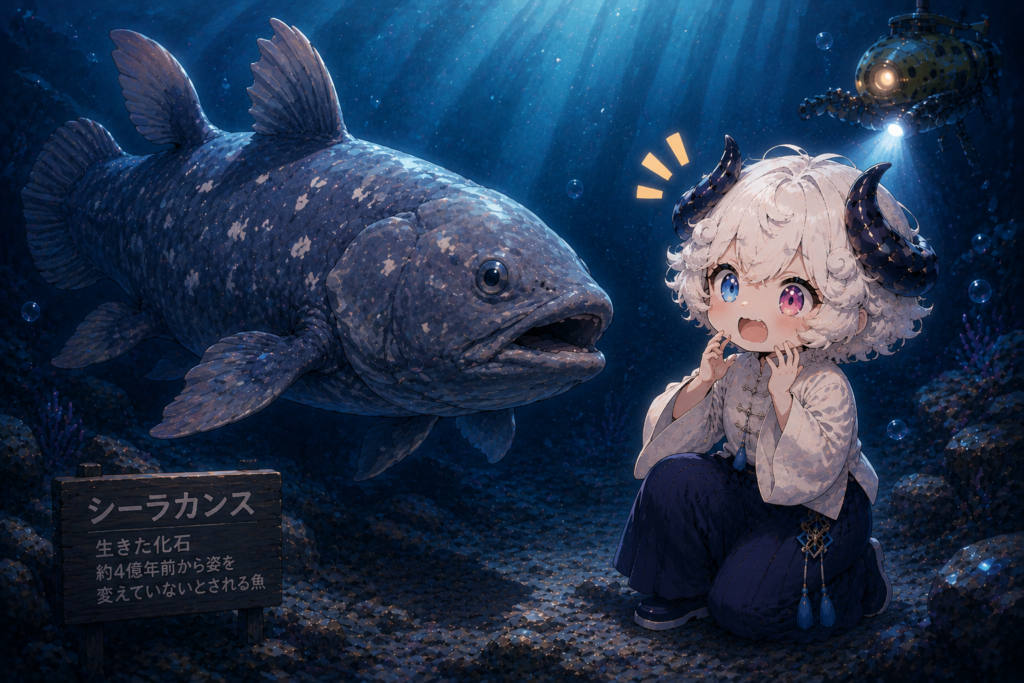 シーラカンスをみて驚く羊さんの画像