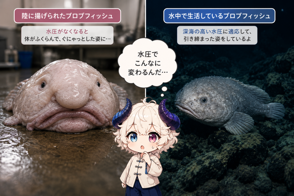 水中と陸に揚げられたブロブフィッシュ