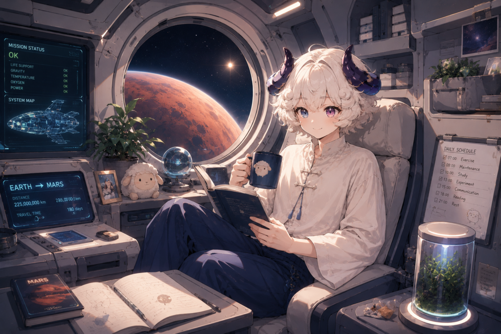 宇宙船内で長期間を過ごす宇宙飛行士のイメージイラスト